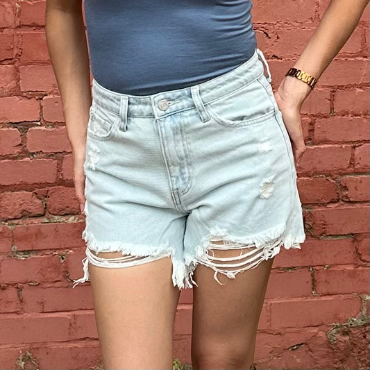 VERVET super high rise distressed mom shorts